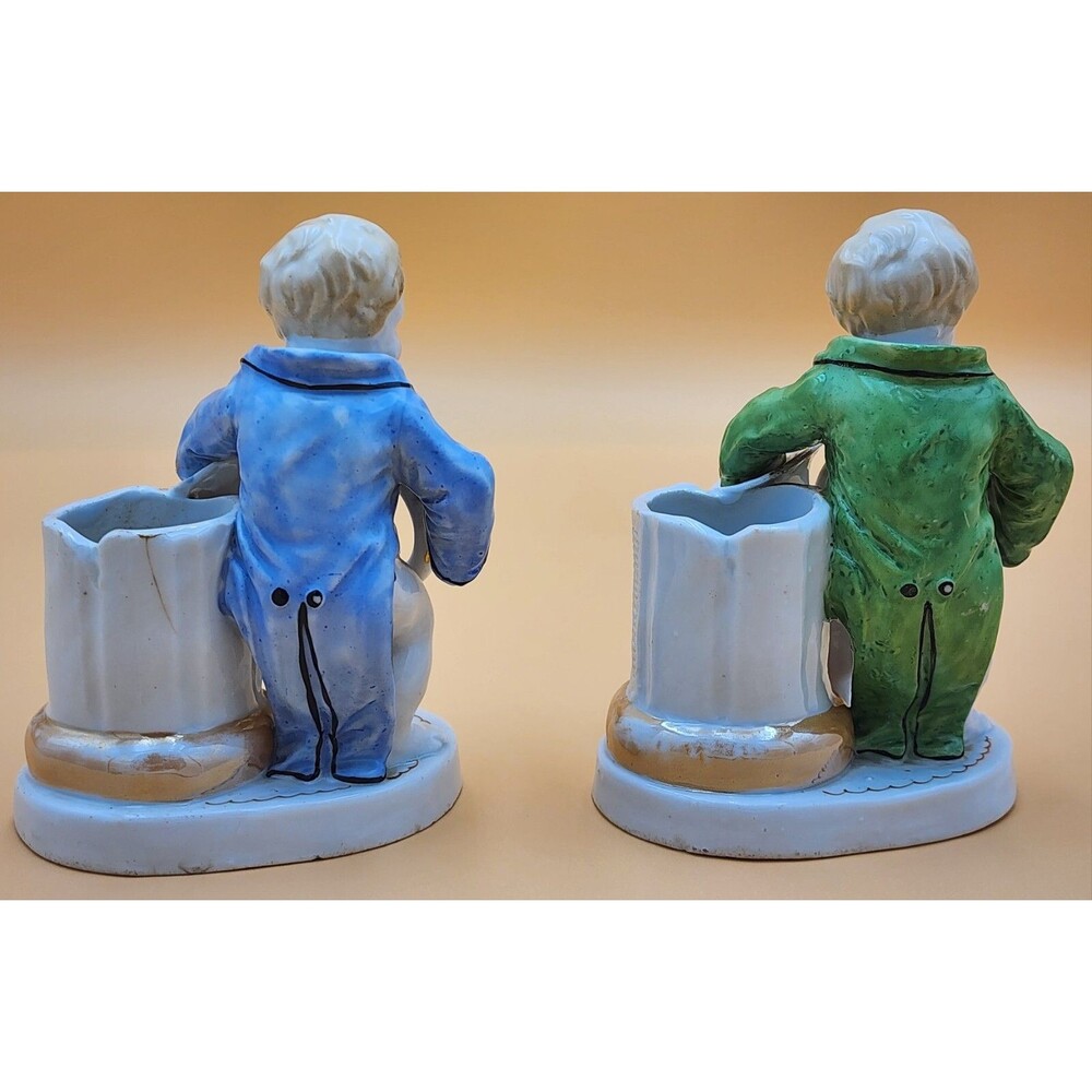 TWO Antique Porcelain Figurines ~ Wooden Match Holders ~ 1871 Written on bottom - Picture 3 of 16